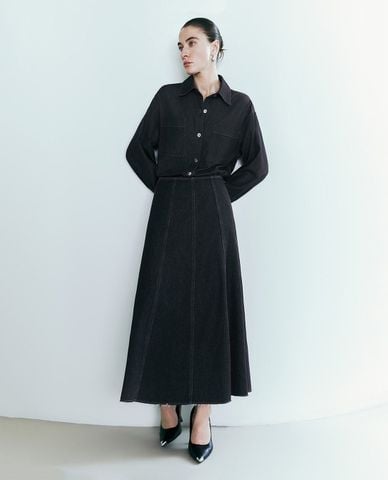  URBAN REVIVO - Áo sơ mi denim nữ cổ bẻ tay dài Button Up Loose 