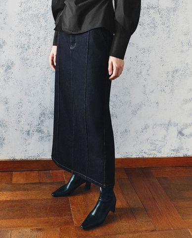  URBAN REVIVO - Chân váy denim midi lưng cao tôn dáng 