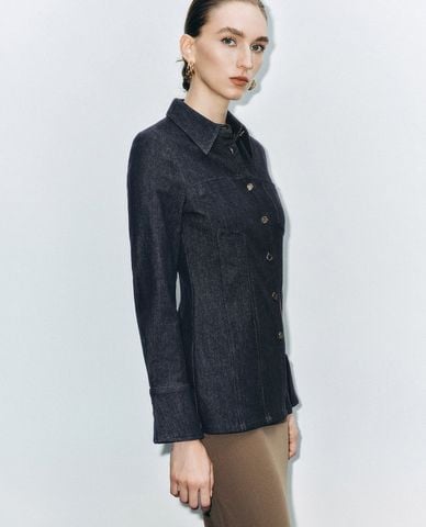  URBAN REVIVO - Áo sơ mi denim nữ cổ bẻ tay dài Flared 