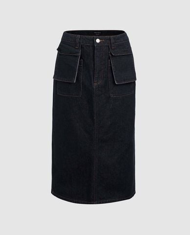  URBAN REVIVO - Chân váy denim midi phối túi hộp 