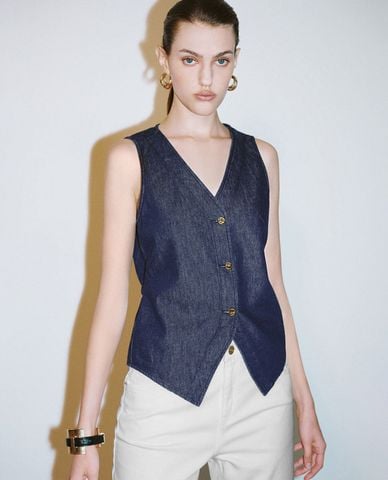  URBAN REVIVO - Áo khoác gilet nữ denim thời thượng 