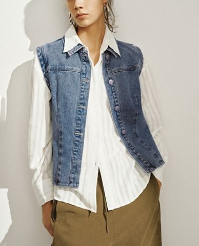  URBAN REVIVO - Áo khoác gilet nữ denim cổ bẻ thời trang 
