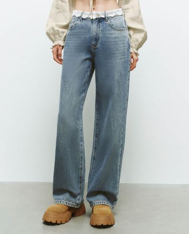  URBAN REVIVO - Quần jeans nữ ống rộng phối ren 