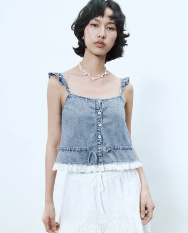  URBAN REVIVO - Áo hai dây nữ denim cá tính 