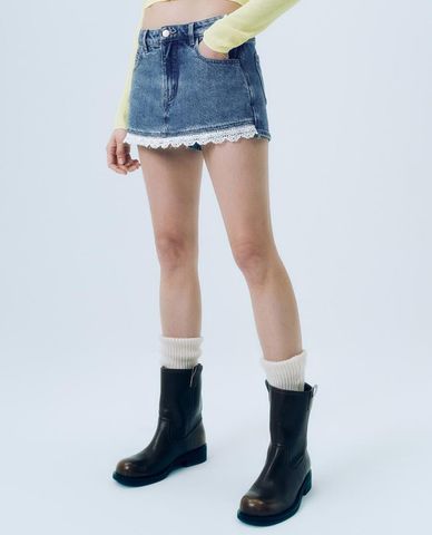  URBAN REVIVO - Chân váy denim mini phối ren thời trang 