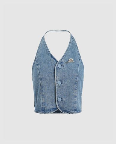  URBAN REVIVO - Áo sát nách nữ denim cổ yếm 