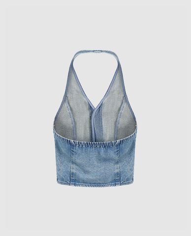  URBAN REVIVO - Áo sát nách nữ denim cổ yếm 
