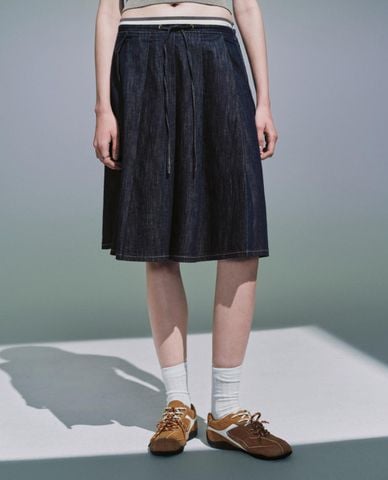  URBAN REVIVO - Chân váy denim midi phối dây rút 