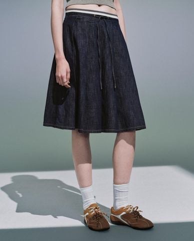 URBAN REVIVO - Chân váy denim midi phối dây rút 