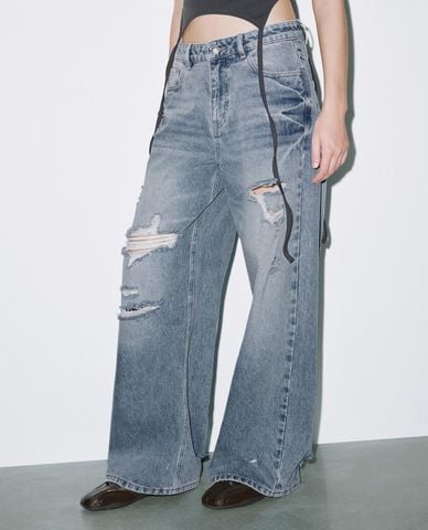  URBAN REVIVO - Quần jeans nữ ống rộng thời trang 