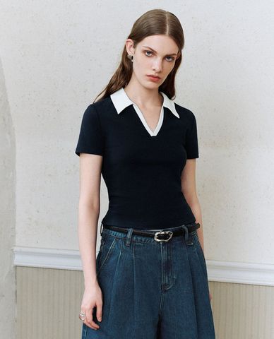  URBAN REVIVO - Áo thun nữ cổ bẻ tay ngắn thanh lịch 