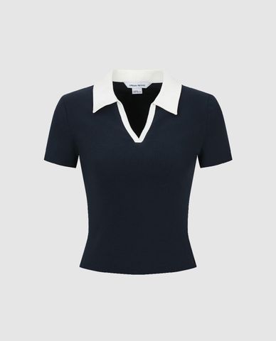  URBAN REVIVO - Áo thun nữ cổ bẻ tay ngắn thanh lịch 