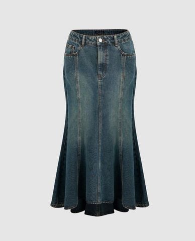  URBAN REVIVO - Chân váy denim midi dáng đuôi cá thời thượng 