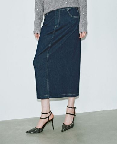  URBAN REVIVO - Chân váy denim midi xẻ tà 