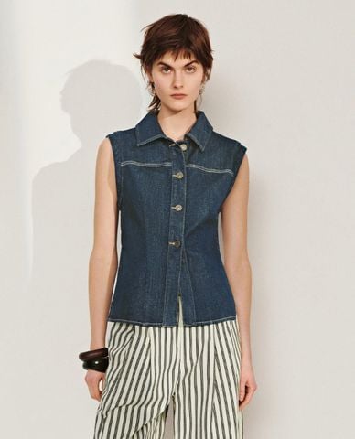  URBAN REVIVO - Áo sát nách nữ denim cổ bẻ 