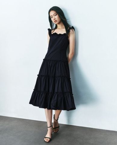  URBAN REVIVO - Đầm hai dây midi phối bèo nữ tính 