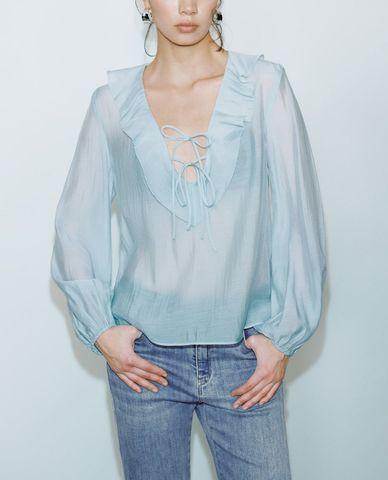  URBAN REVIVO - Áo kiểu nữ tay dài nhún bèo 