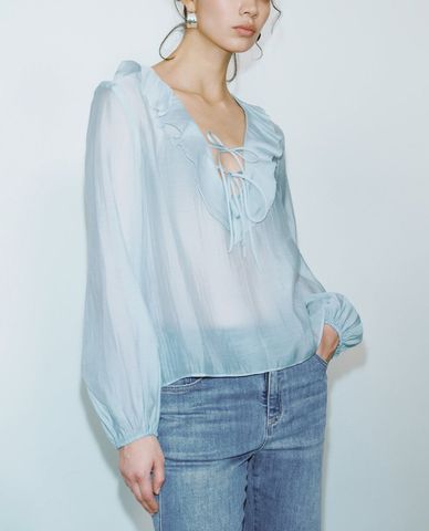  URBAN REVIVO - Áo kiểu nữ tay dài nhún bèo 