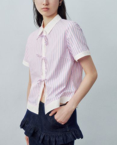  URBAN REVIVO - Áo sơ mi nữ cổ bẻ tay ngắn Lace-Up 