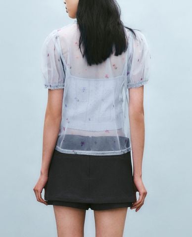  URBAN REVIVO - Áo kiểu nữ cổ tròn phối họa tiết thời trang 