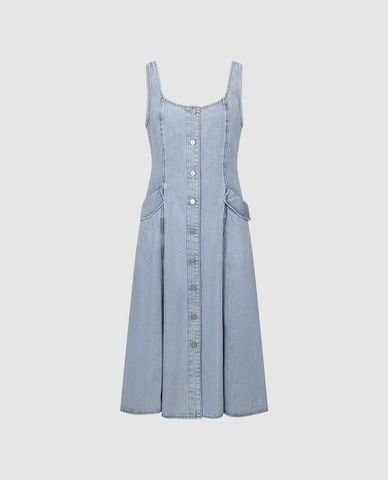  URBAN REVIVO - Đầm denim midi phối nút cá tính 