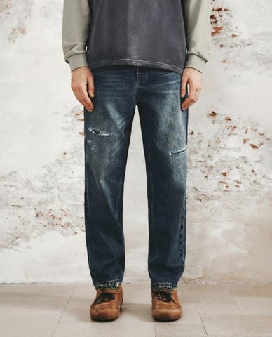  URBAN REVIVO - Quần jeans nam ống đứng phối rách cá tính 