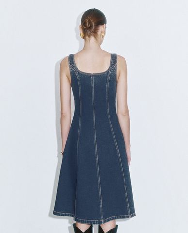  URBAN REVIVO - Đầm denim hai dây phom midi quyến rũ A-Line 