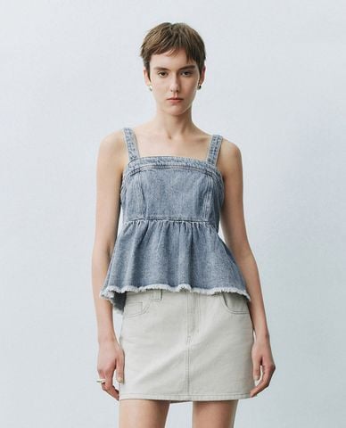  URBAN REVIVO - Áo hai dây nữ denim cổ vuông 