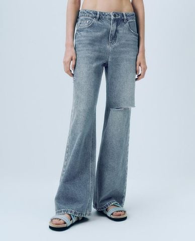  URBAN REVIVO - Quần jeans nữ ống rộng phối rách cá tính 