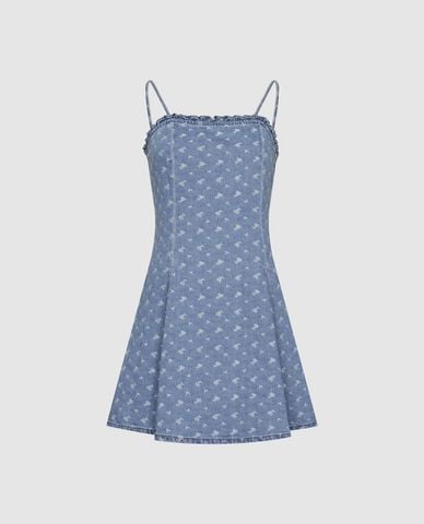  URBAN REVIVO - Đầm hai dây mini denim in hoa 