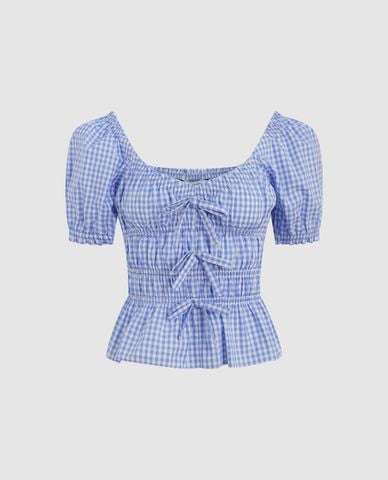  URBAN REVIVO - Áo kiểu nữ cổ vuông tay phồng Bow Décor 