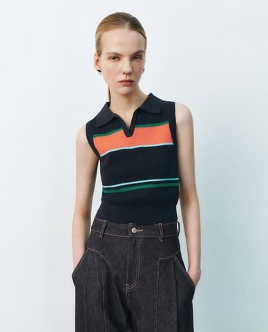  URBAN REVIVO - Áo sát nách nữ dệt kim cổ bẻ 