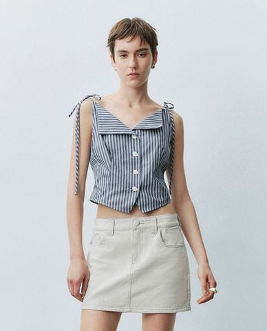  URBAN REVIVO - Áo croptop nữ kẻ sọc phối dây 