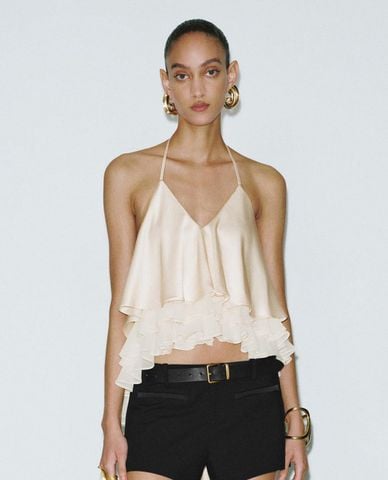  URBAN REVIVO - Áo kiểu nữ cổ yếm xếp tầng Ruffle Hem 