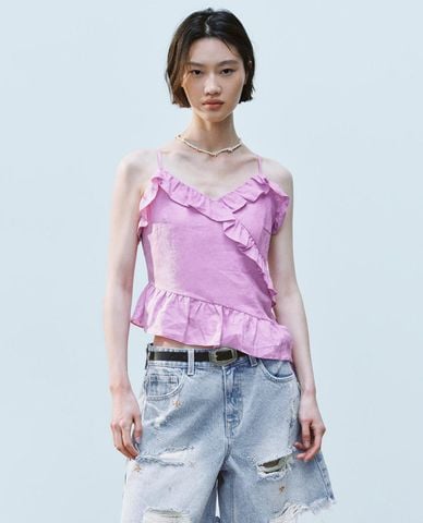  URBAN REVIVO - Áo hai dây nữ cổ V phối bèo 