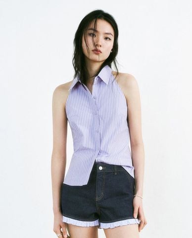  URBAN REVIVO -  Áo sơ mi nữ sát nách kẻ sọc 