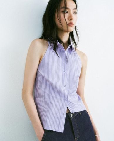  URBAN REVIVO -  Áo sơ mi nữ sát nách kẻ sọc 