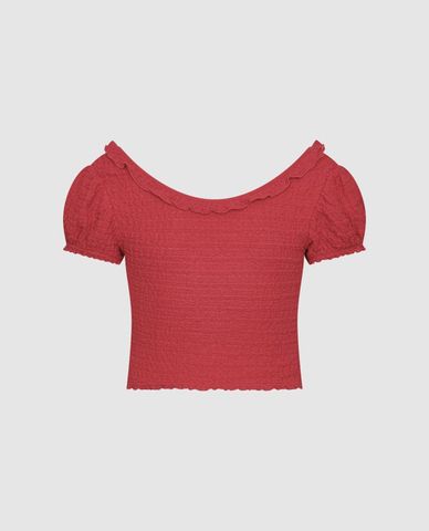  URBAN REVIVO - Áo croptop nữ cổ tròn tay ngắn Shirred 