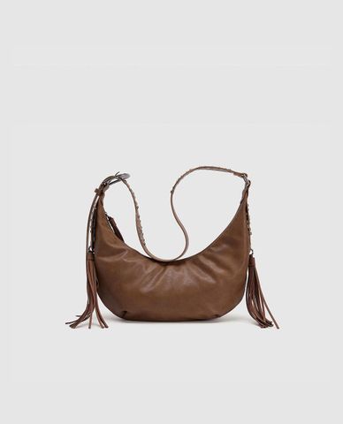  URBAN REVIVO - Túi đeo chéo nữ hình bán nguyệt phối tua rua 