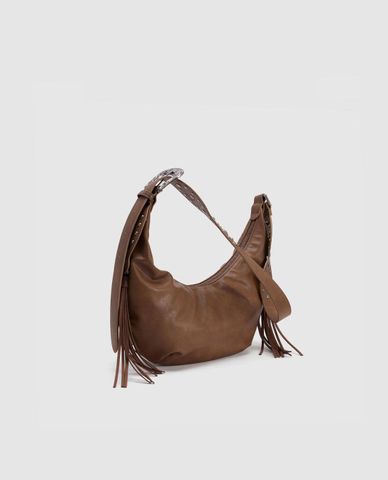  URBAN REVIVO - Túi đeo chéo nữ hình bán nguyệt phối tua rua 