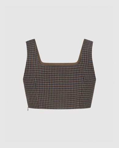  URBAN REVIVO - Áo croptop nữ cổ vuông Checkered 