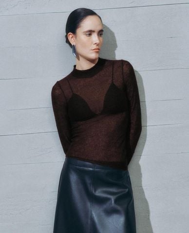  URBAN REVIVO - Áo dệt kim nữ tay dài xuyên thấu 