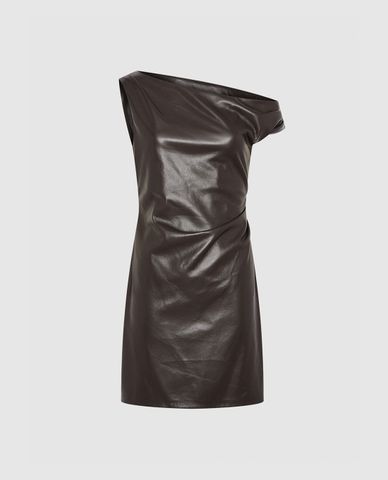  URBAN REVIVO - Đầm sát nách mini lệch vai phom ôm Vegan Leather 