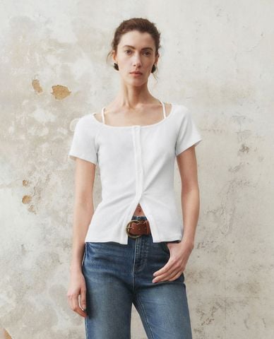  URBAN REVIVO - Áo kiểu nữ cổ U tay ngắn 2 in 1 