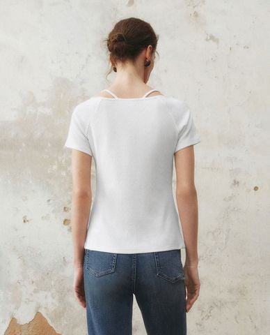  URBAN REVIVO - Áo kiểu nữ cổ U tay ngắn 2 in 1 