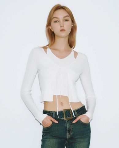  URBAN REVIVO - Áo dệt kim nữ cổ yếm tay dài 2 in 1 