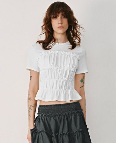  URBAN REVIVO - Áo kiểu nữ cổ tròn tay ngắn Shirred Corset 