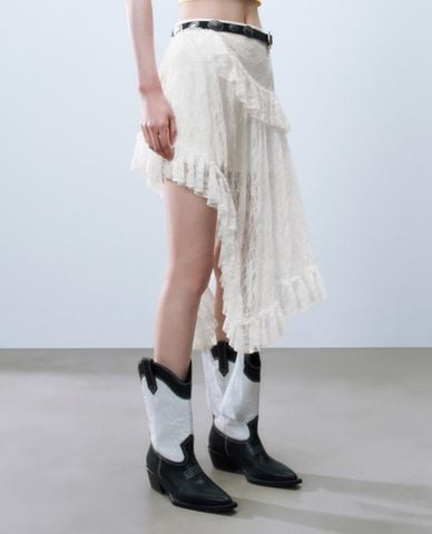  URBAN REVIVO - Chân váy xếp tầng midi phối ren 