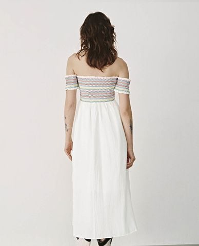  URBAN REVIVO - Đầm trễ vai chữ A phom midi phối nơ 