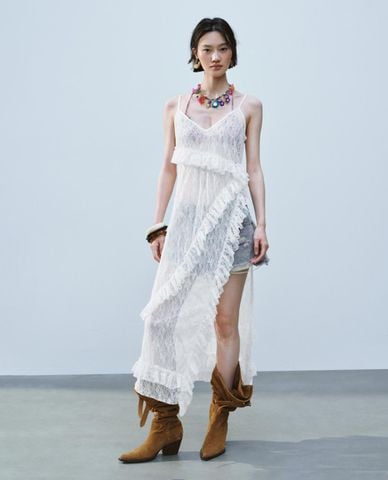  URBAN REVIVO - Đầm hai dây midi viền ren 